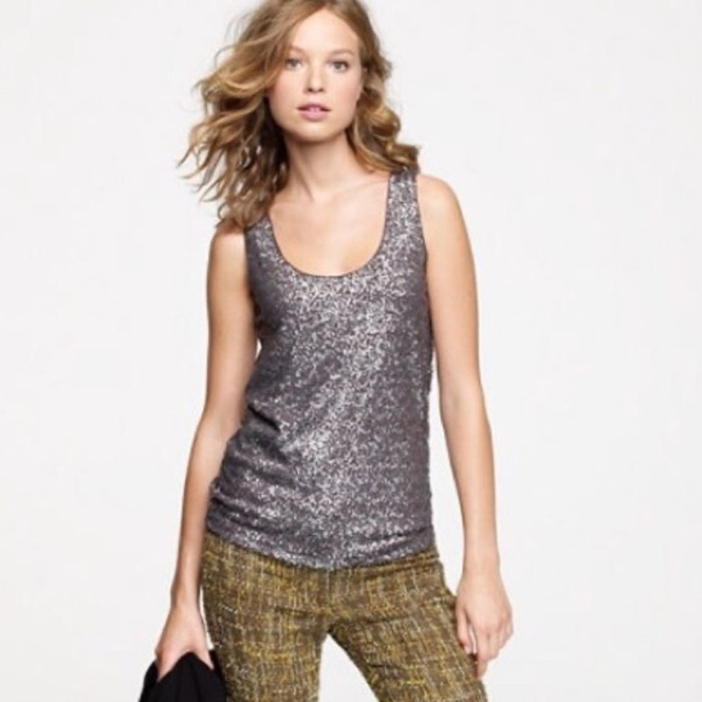 J.Crew Black Sequin Tank Top Scoop Neck Sleeveless Party Glam Sparkle Size Small